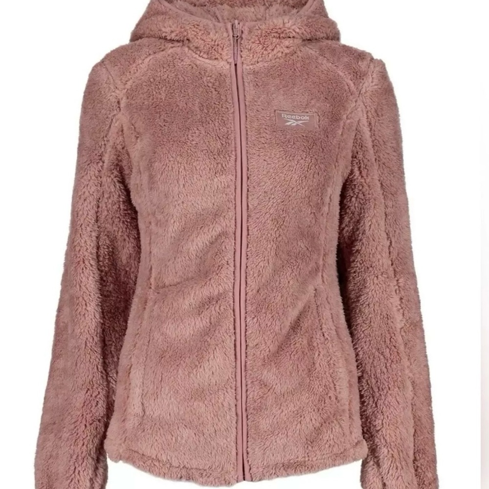 REEBOK Woman’s  Dusty Rose Fuzzy Zip-Up
Hooded Teddy Jacket Size M